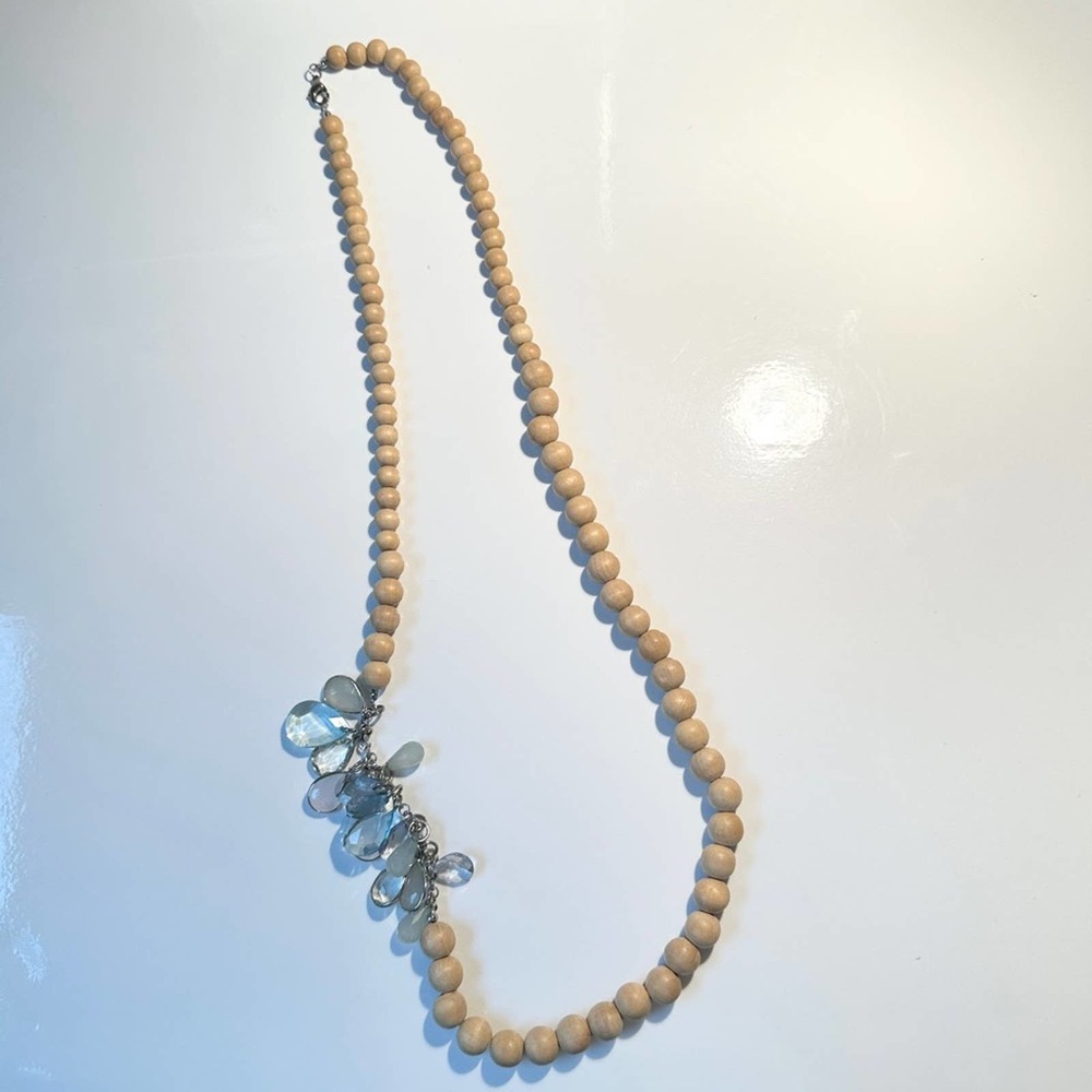 Necklace with Wood & Aqua Colored Crystal Beads